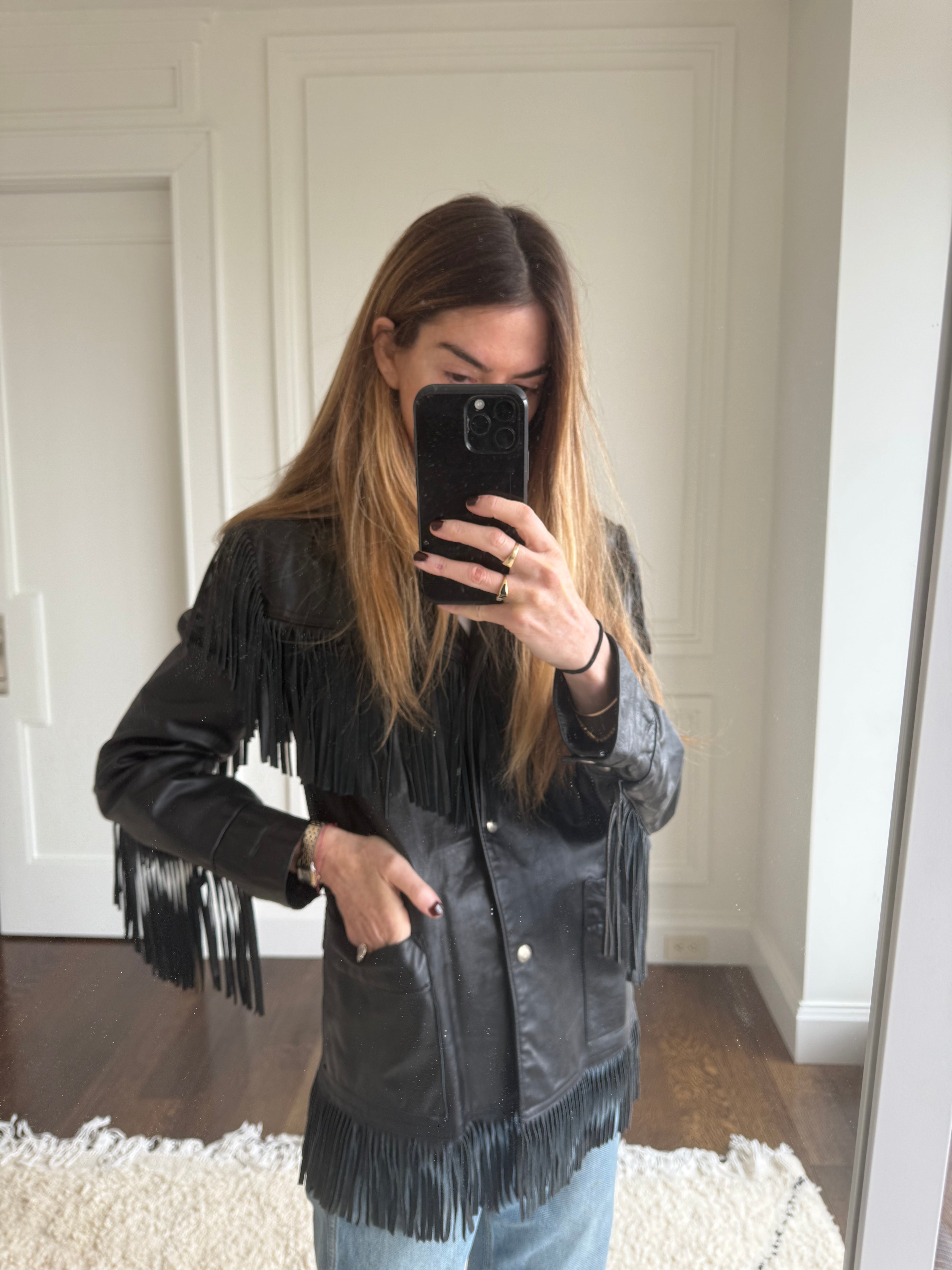 Vintage 1970's Woman's Black Leather Fringe Jacket