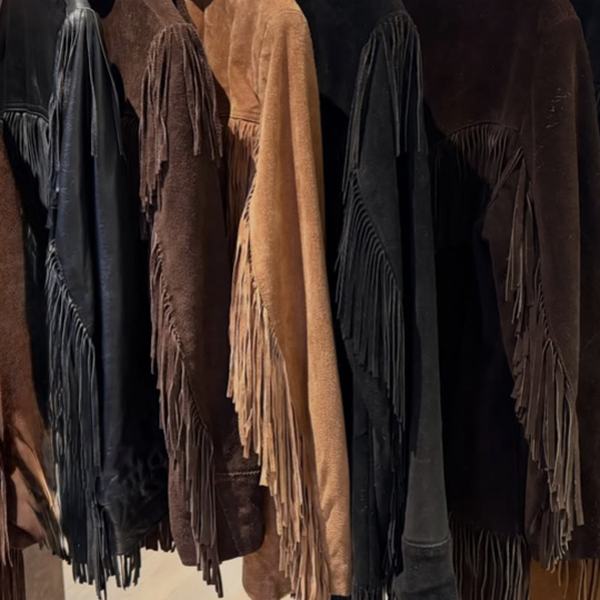 Suede and leather fringe jackets in black, brown and tan